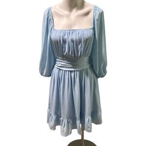 Exlura Tie Back Summer Dress S Ruffled On/Off Shoulder Dress Blue Lantern Sleeve